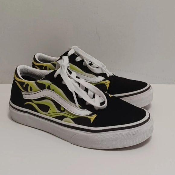 Vans Old Skool Little Kids Size 3.0 Black And True White Slime Green Flame! - Picture 2 of 8